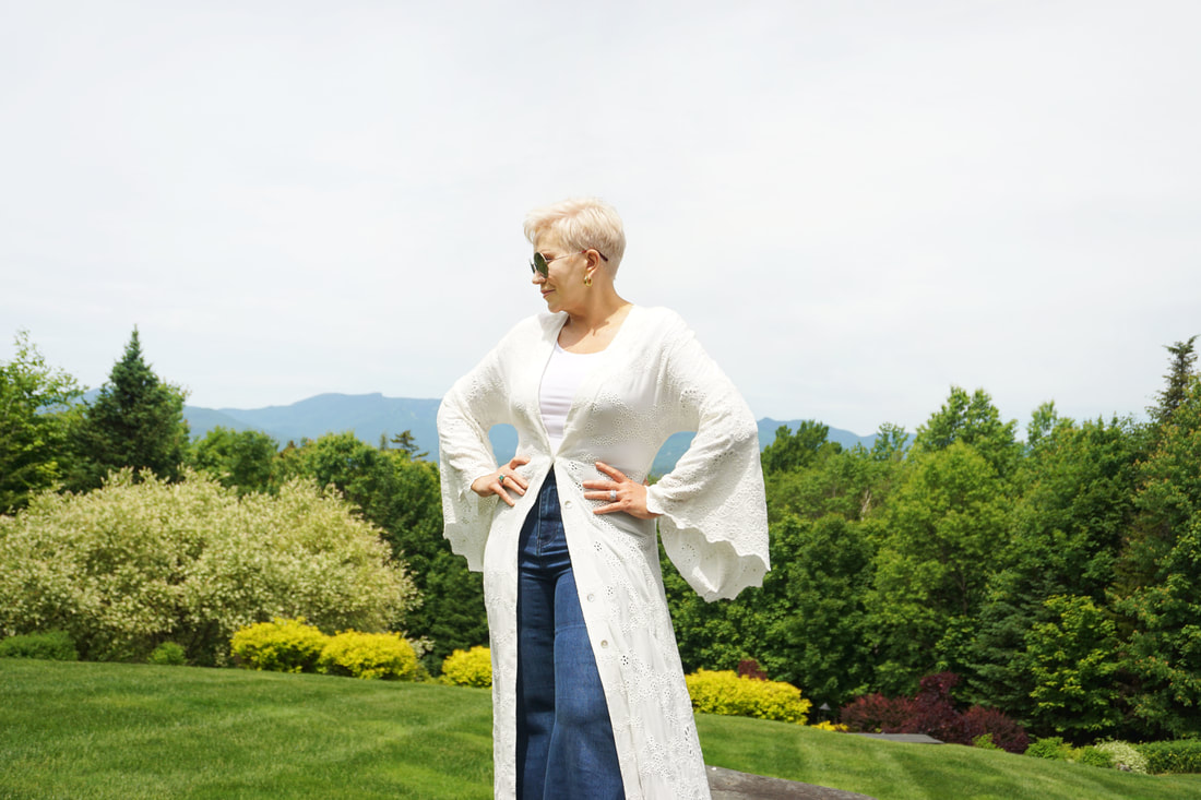 Mrs. Stafford wearing Free People bell bottoms & white kimono