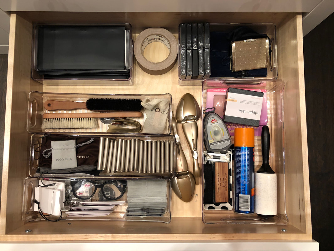 Necessities Drawer includes brushes, lint roller, glasses, safety pins, tape & more